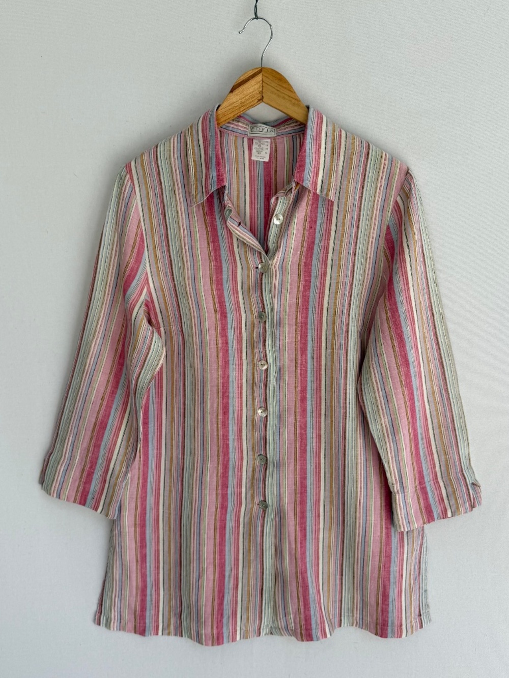 EDEIS Women’s Size 12 100% Linen Pink Striped Button Front Tunic